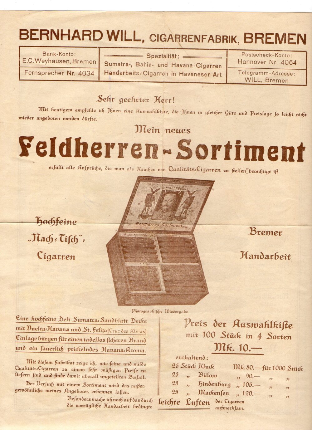 Leták cigarety a doutníky B. Will, Brémy