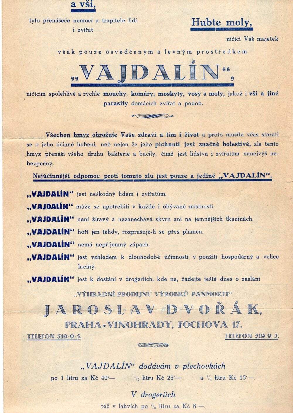 Leták Vajdalín na hmyz, Dvořák, Praha