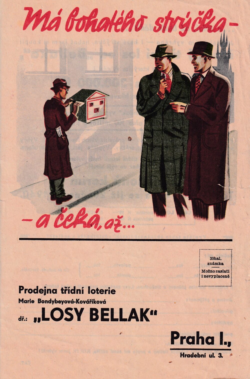 Leták losy Bellak, třídní loterie, Praha