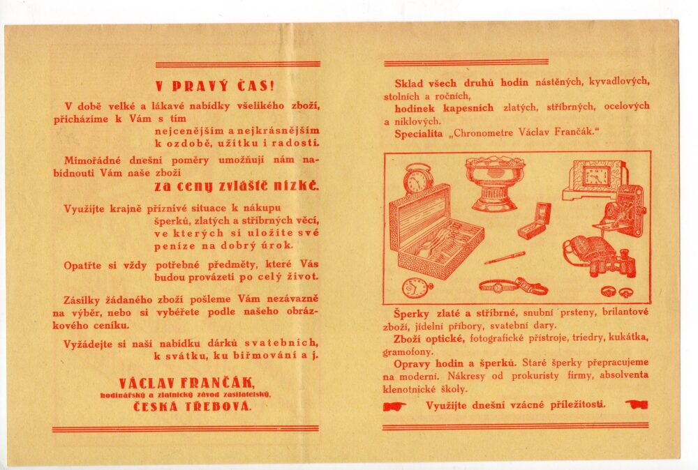 Leták zlatnictví Frančák, Česká Třebová