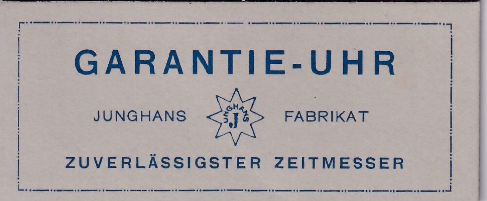 Papírová cedulka Garantie-Uhr, Junghans