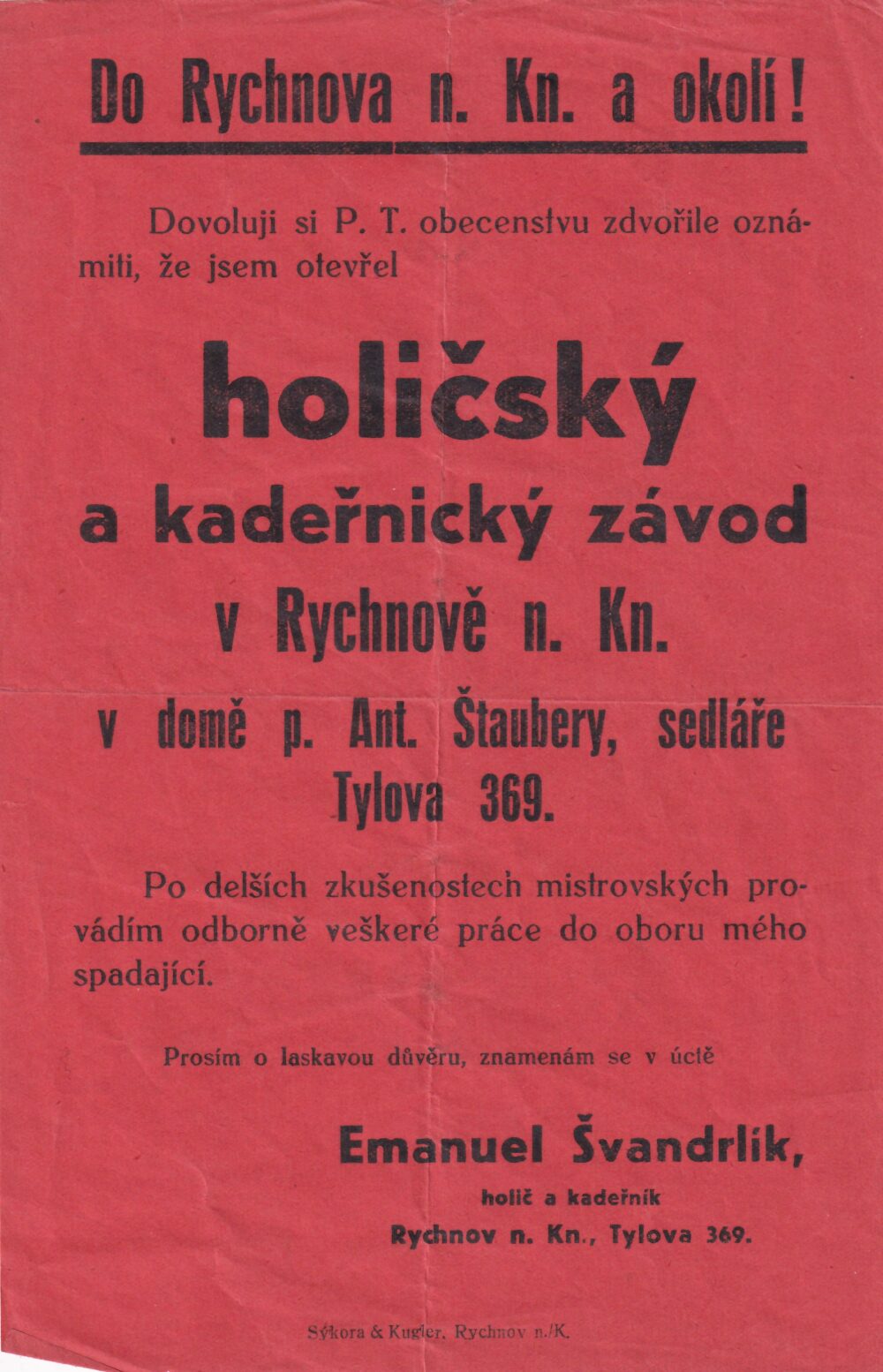 Leták holič a kadeřník Švandrlík, Rychnov n/K
