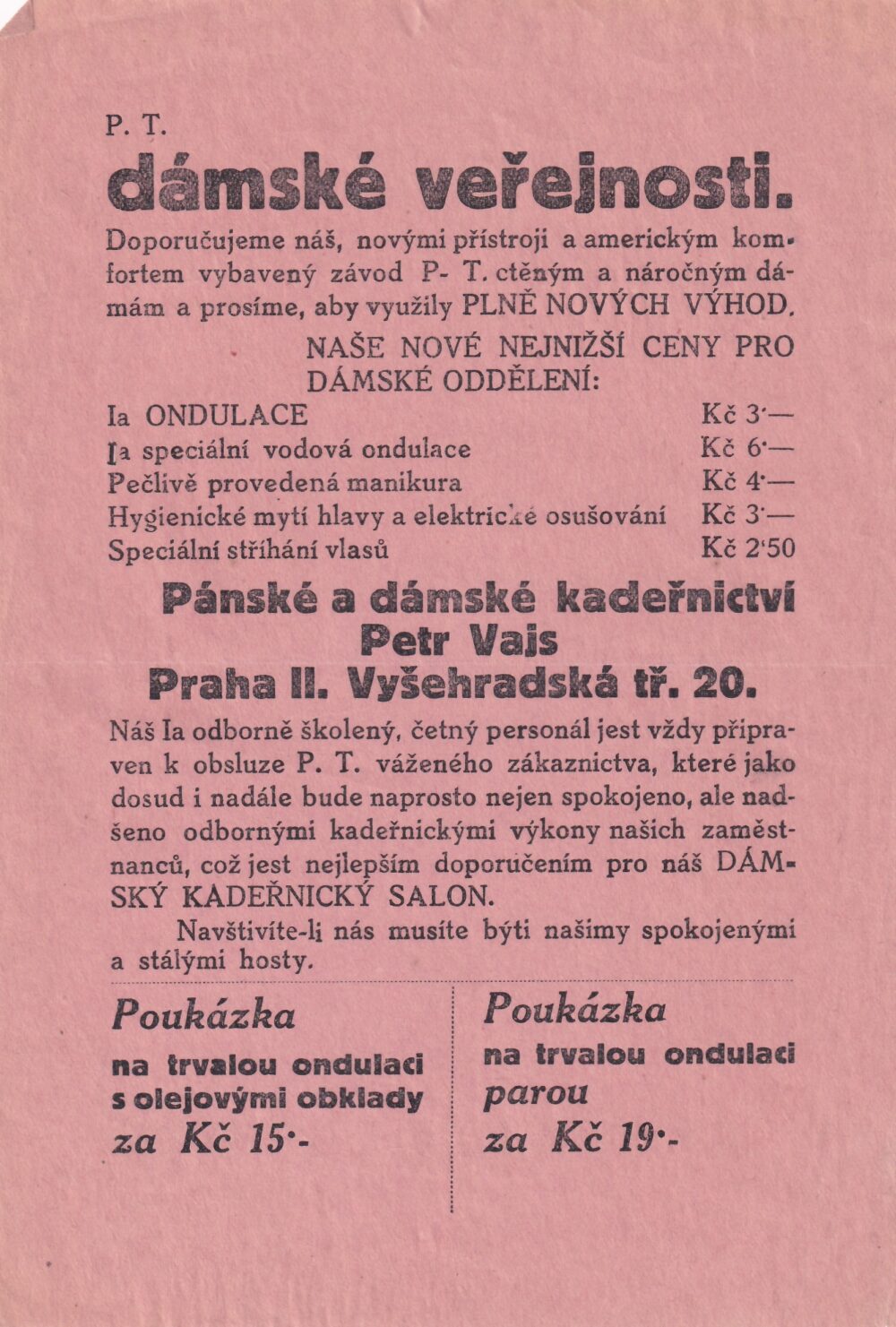 Leták kadeřnictví Vajs, Praha