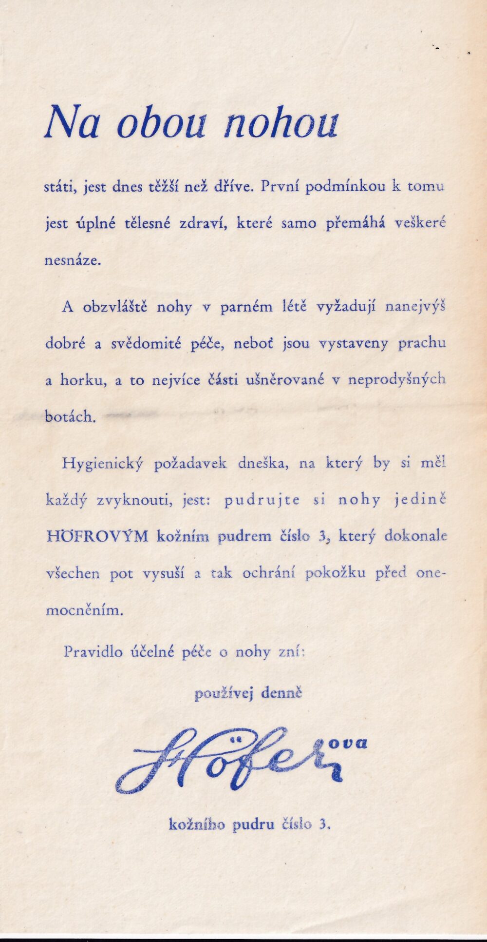 Leták Höferův kožní pudr na nohy