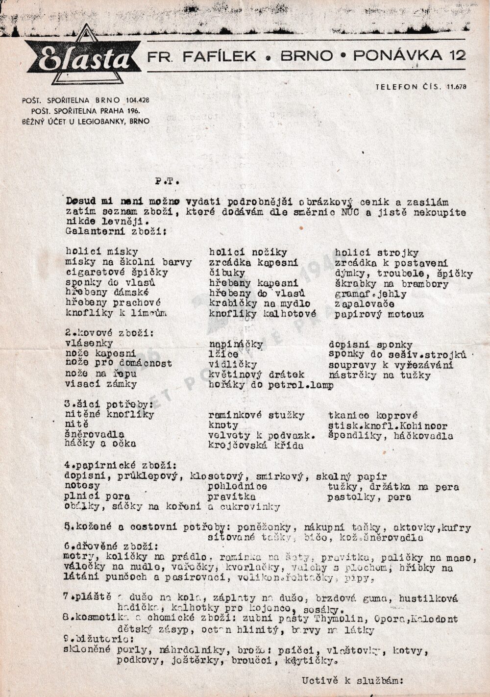 Leták galanterie Elasta, Fafílek, Brno