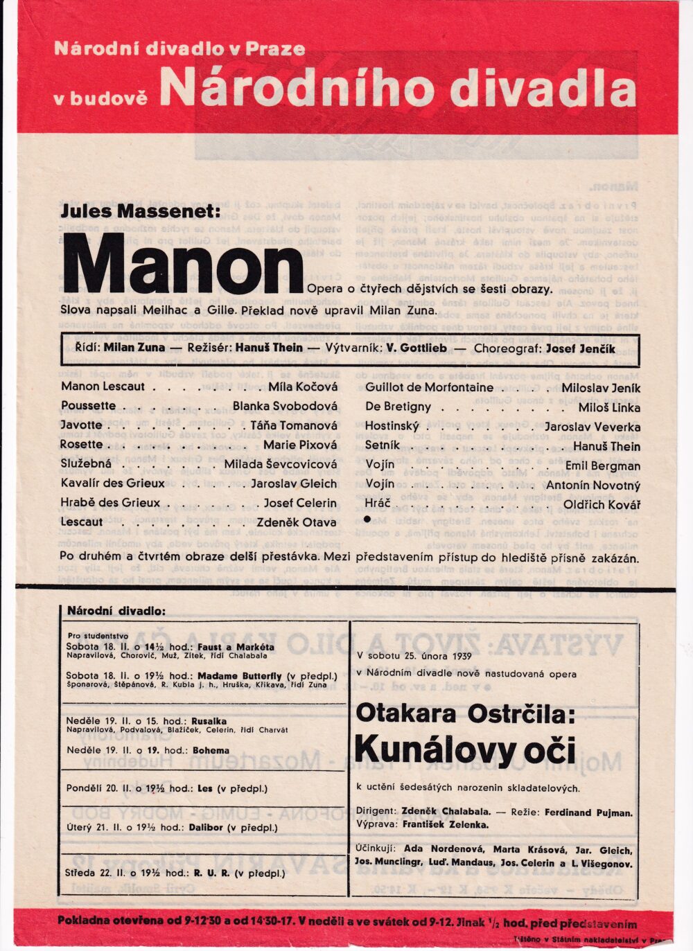 Leták Národní divadlo Manon