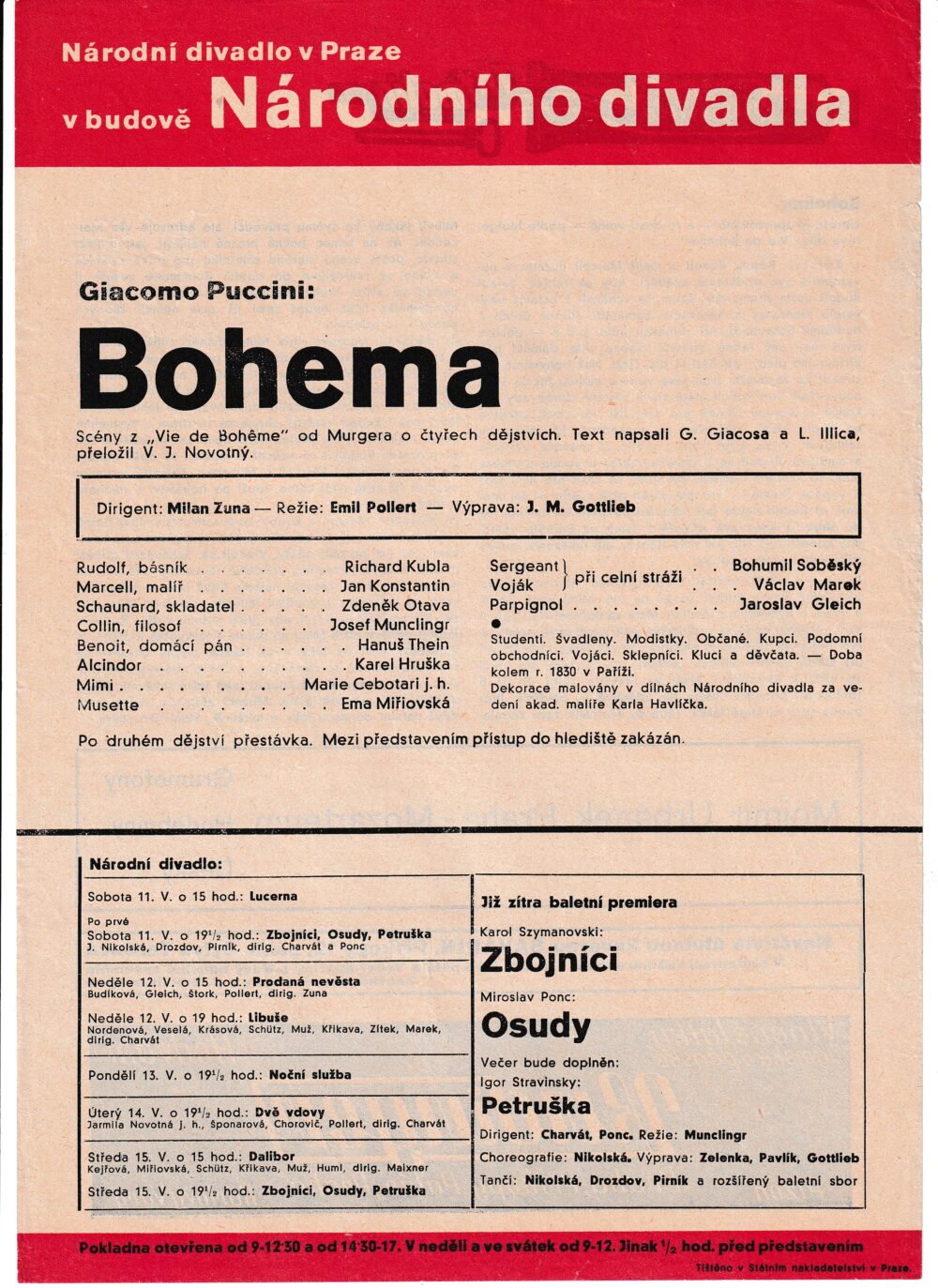 Leták Národní divadlo Bohema