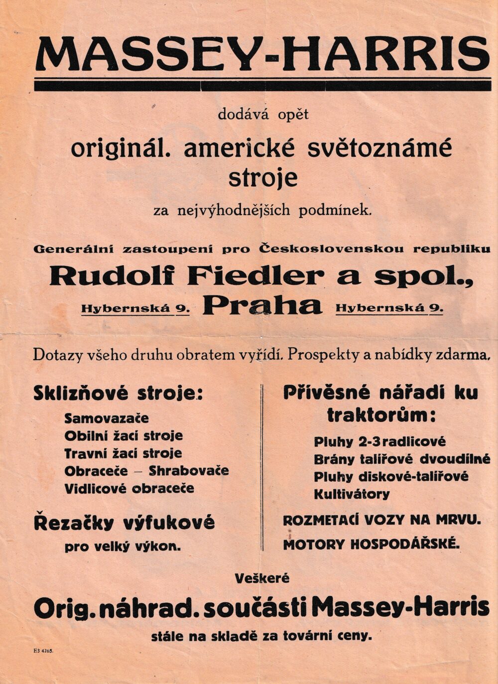 Leták stroje Massey-Harris, Fiedler, Praha