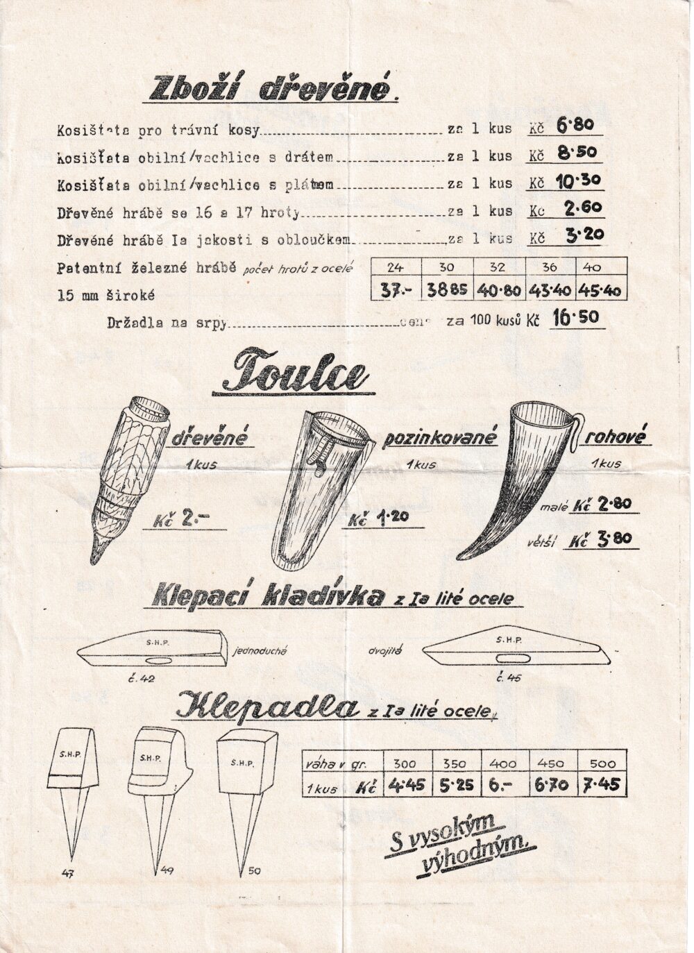 Leták dřevěné zboží, toulce, kosiřníky