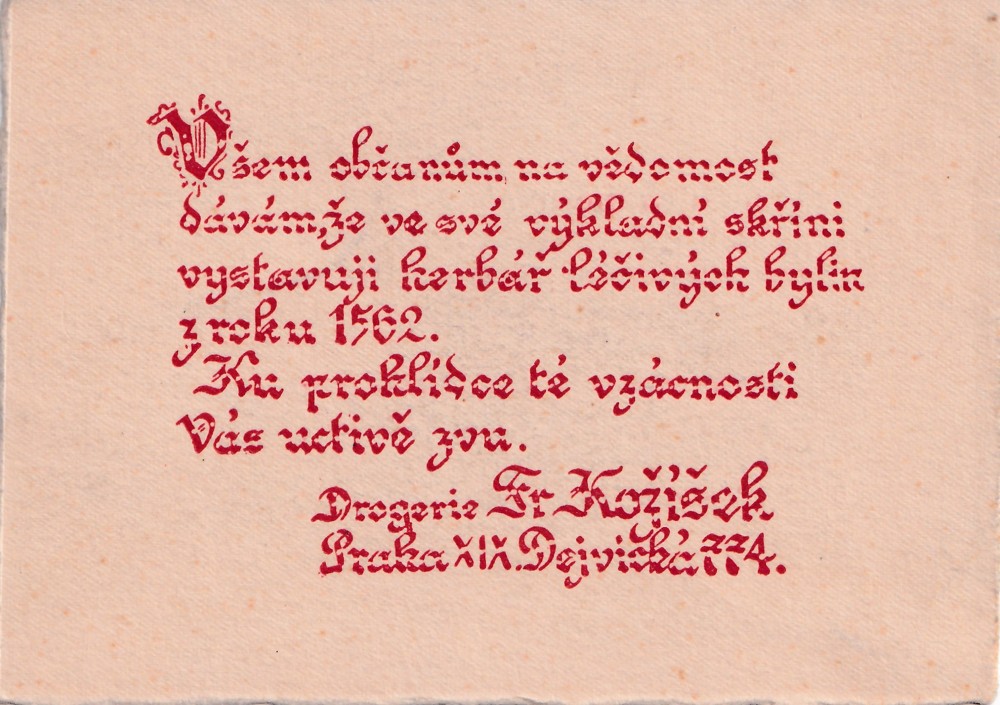 Kartička reklamní drogerie Kožíšek, Praha XIX