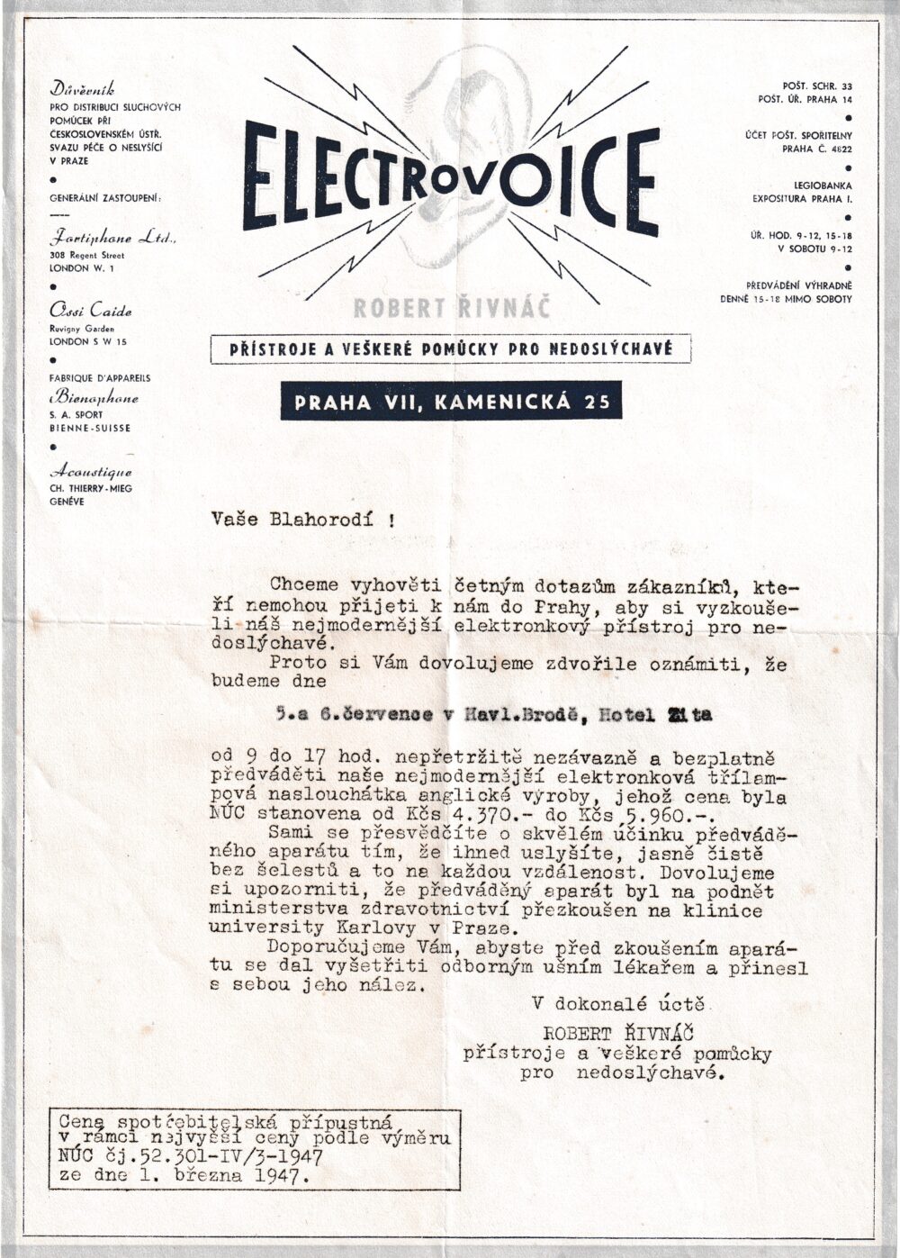 Leták pomůcky pro nedoslýchavé, Praha VII