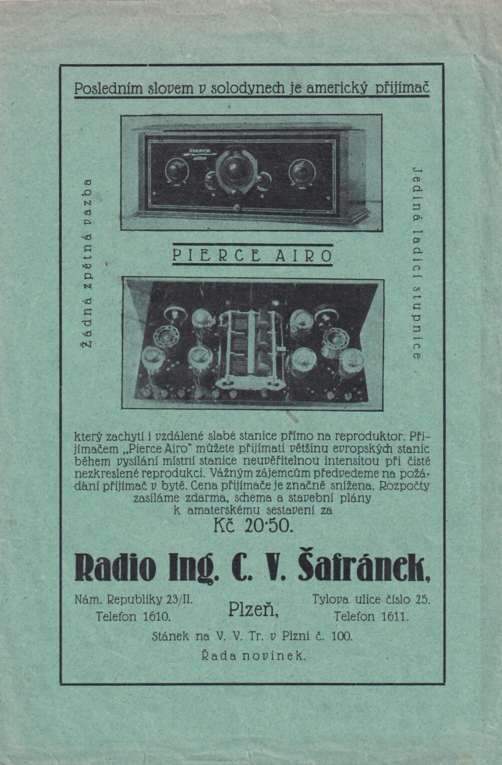Leták přijímač Pierce Airo, Šafránek, Plzeň