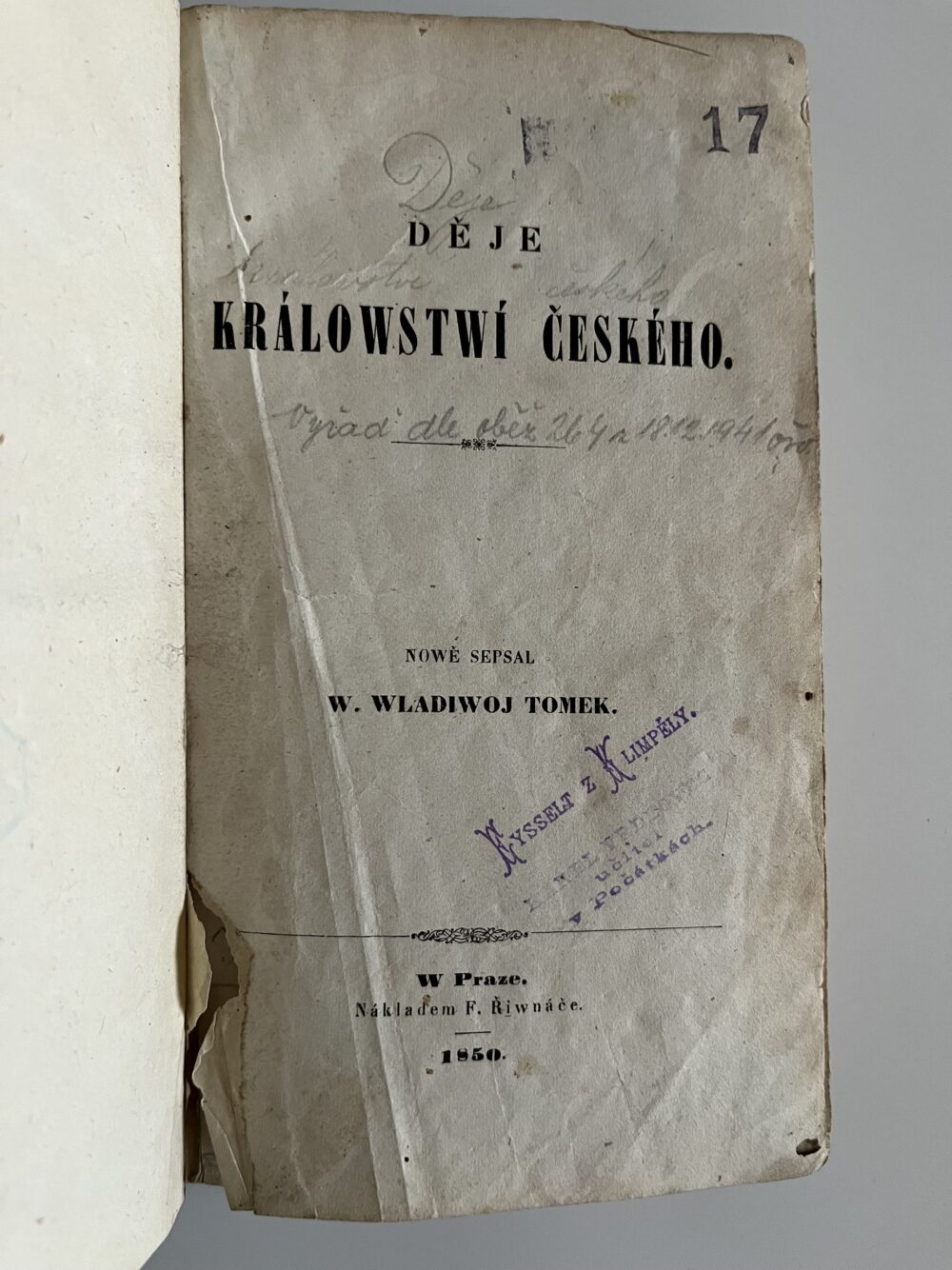 Kniha W. Tomek - Děje Králowstwí českého, r.1850