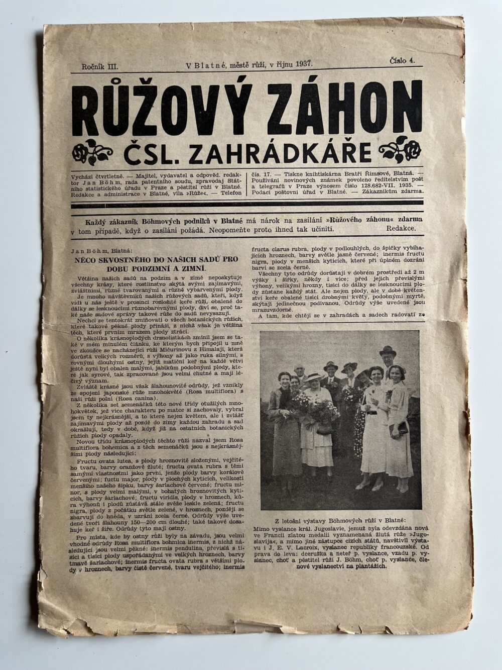 Jan Böhm - Dobové noviny Růžový záhon Blatná, město růží, 1937
