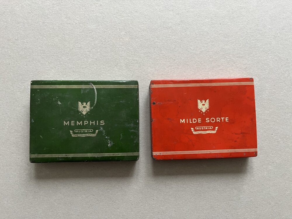 Plechové krabičky od cigaret Milde Sorte, Memphis 1.pol.20.st. 2 ks
