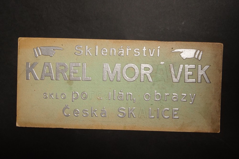 Kartonová cedule Sklenářství Karel Morávek Č.Skalice 1.pol.20.st.