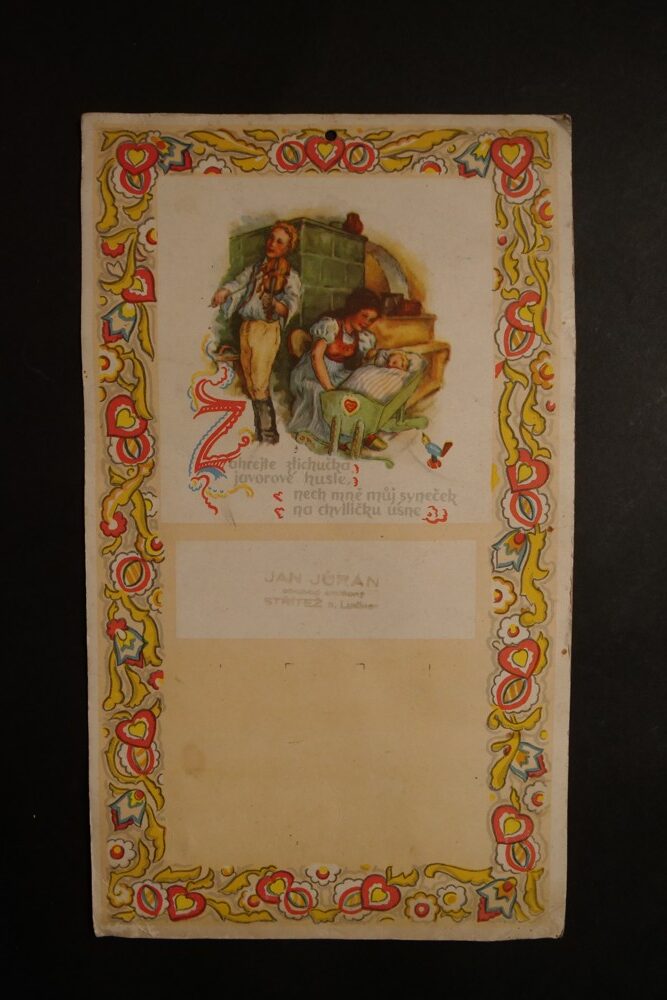Papírová cedule s říkankou Juraň-smíšené zboží,Střítež n.L. 1.pol.20.st.
