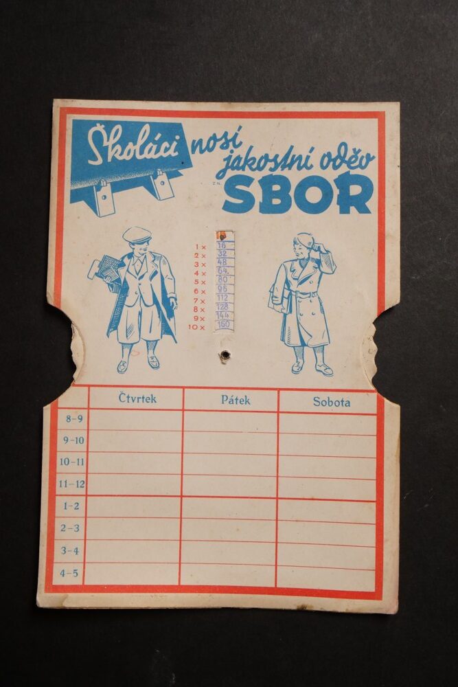 Oboustranná karta pro školáky s rozvrhem a násobilkou  1.pol.20.st.