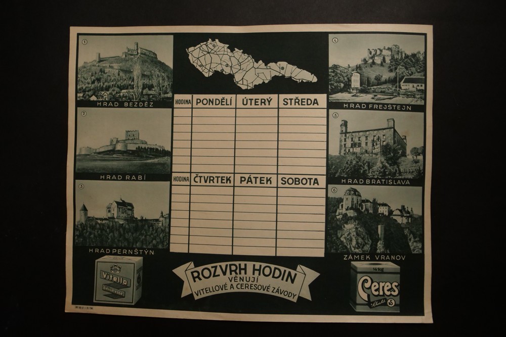 Reklamní školní rozvrh hodin Ceres,Vitello hrady,zámky 1.pol.20.st.