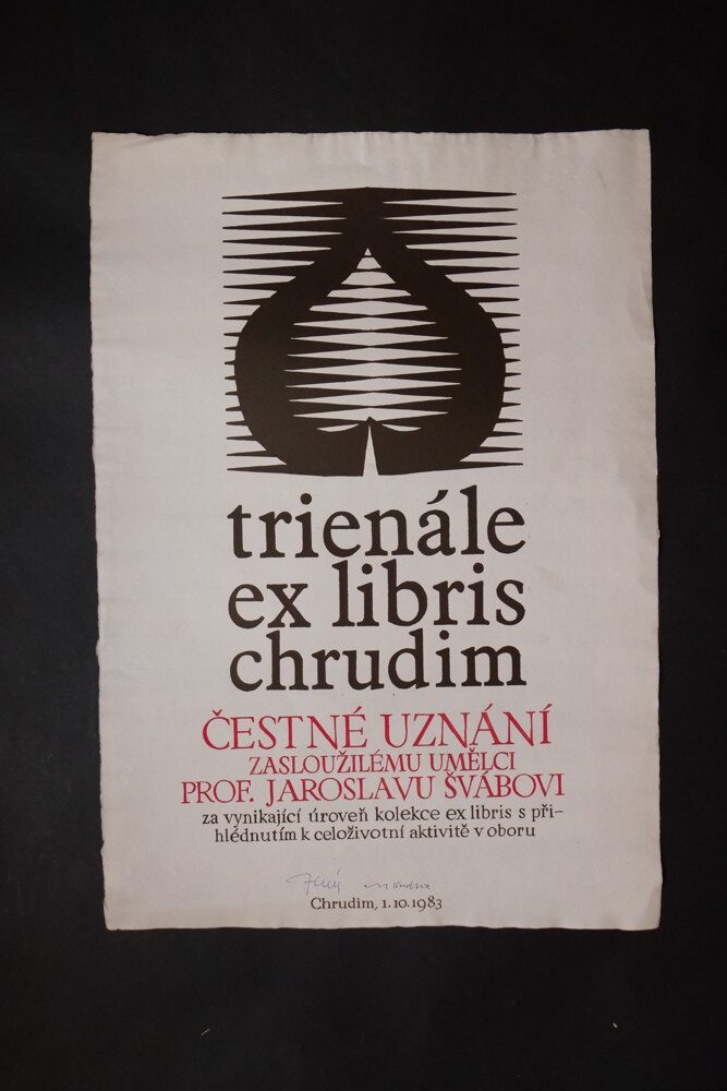 Čestné uznání zasloužilému umělci J.Švábovi trienále ex libris Chrudim