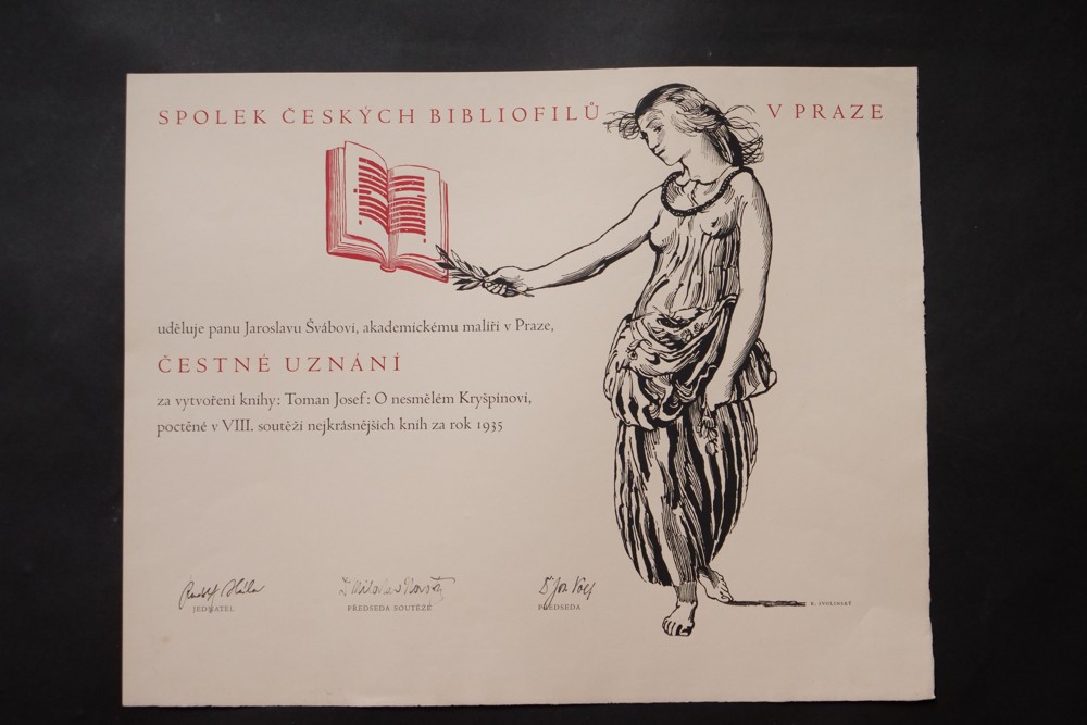 Čestné uznání J.Švábovi, akadem.malíři, spolek Bibliofilů