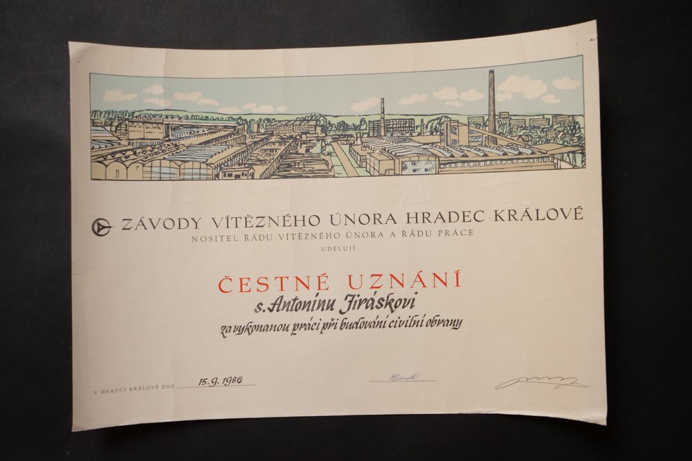 Čestné uznání s.Ant. Jiráskovi,závody Vítězného února Hradec Králové