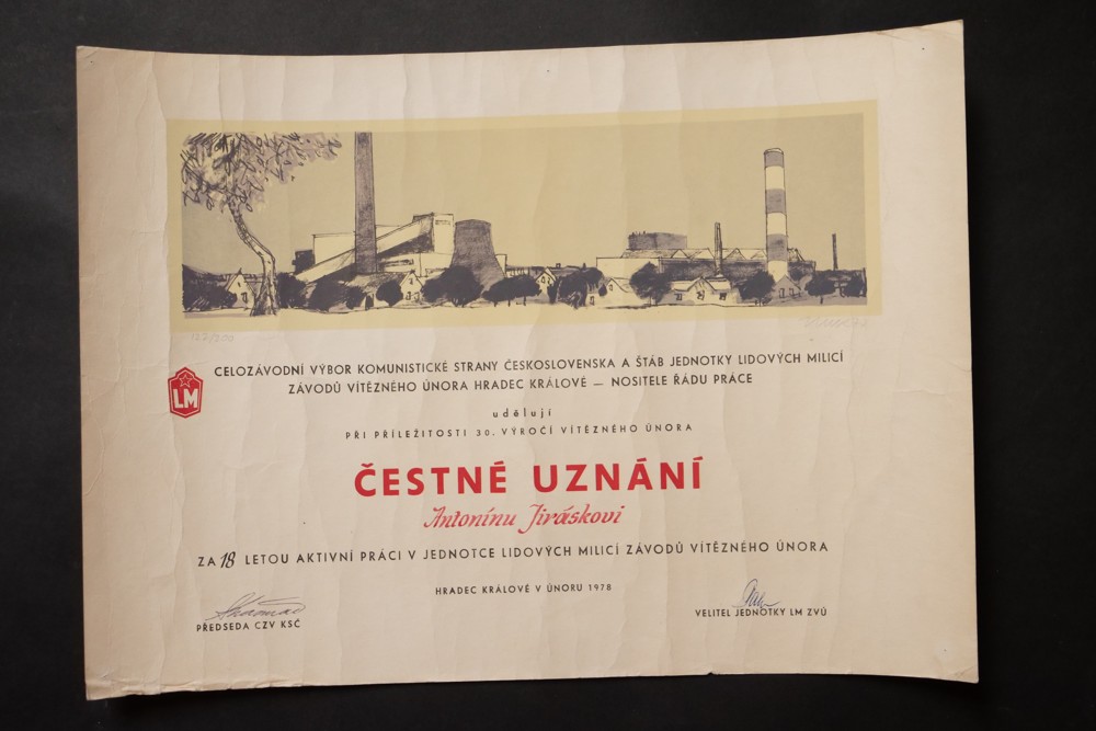 Čestné uznání Ant. Jiráskovi za 18 letou práci v LM závodů Vítěz.února