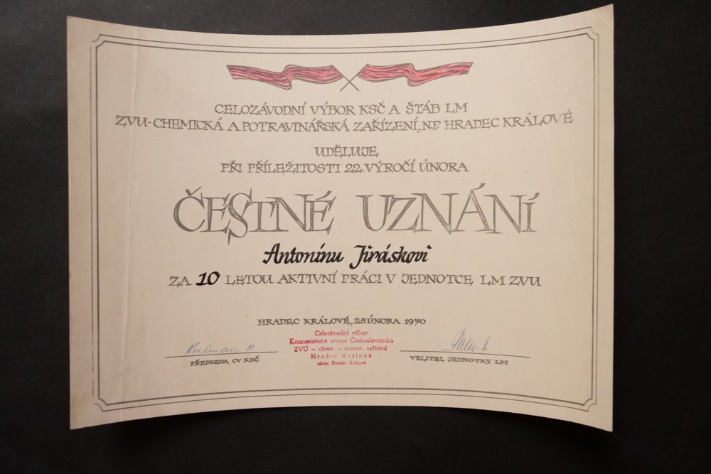 Čestné uznání Ant. Jiráskovi za 10 letou práci v jednotve LM 1970