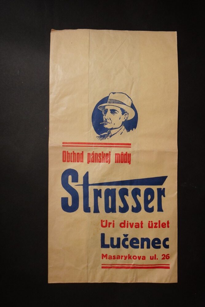 Reklamní sáček Obchod pánskej módy, Lučenec Strasser 1.pol.20.st.