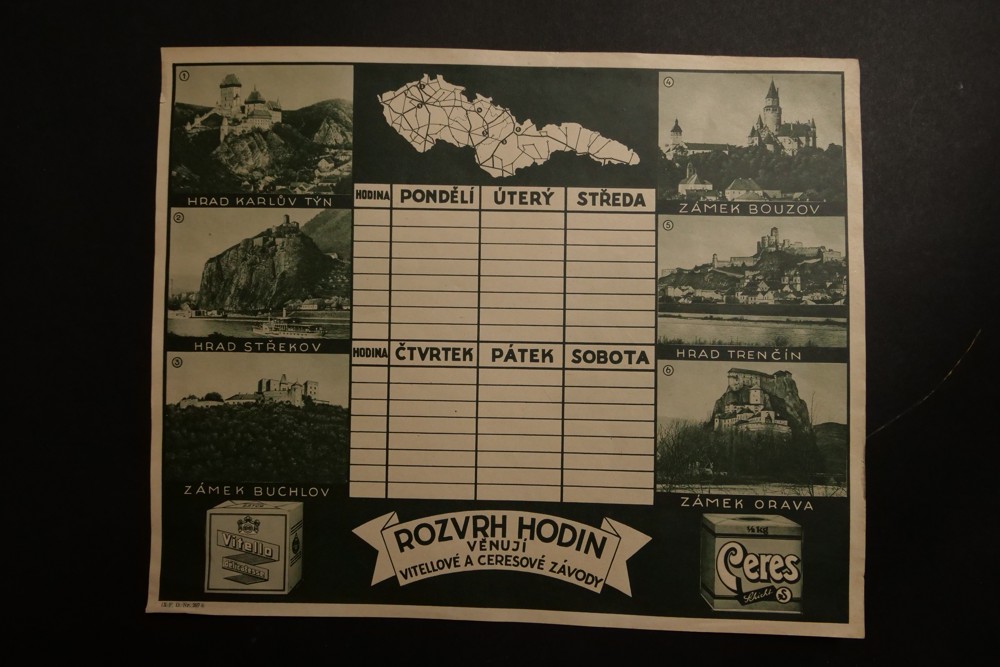 Reklamní školní rozvrh hodin Ceres,Vitello hrady,zámky 1.pol.20.st.