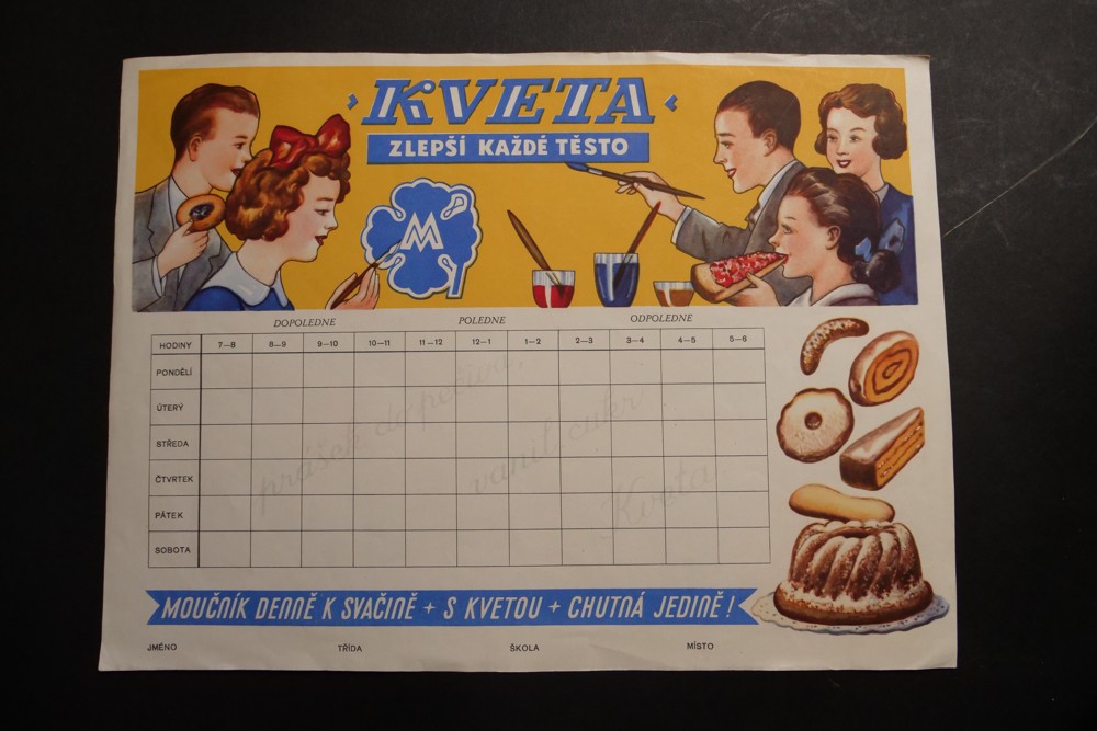 Reklamní školní rozvrh hodin - KVETA, 1.pol.20.stol.